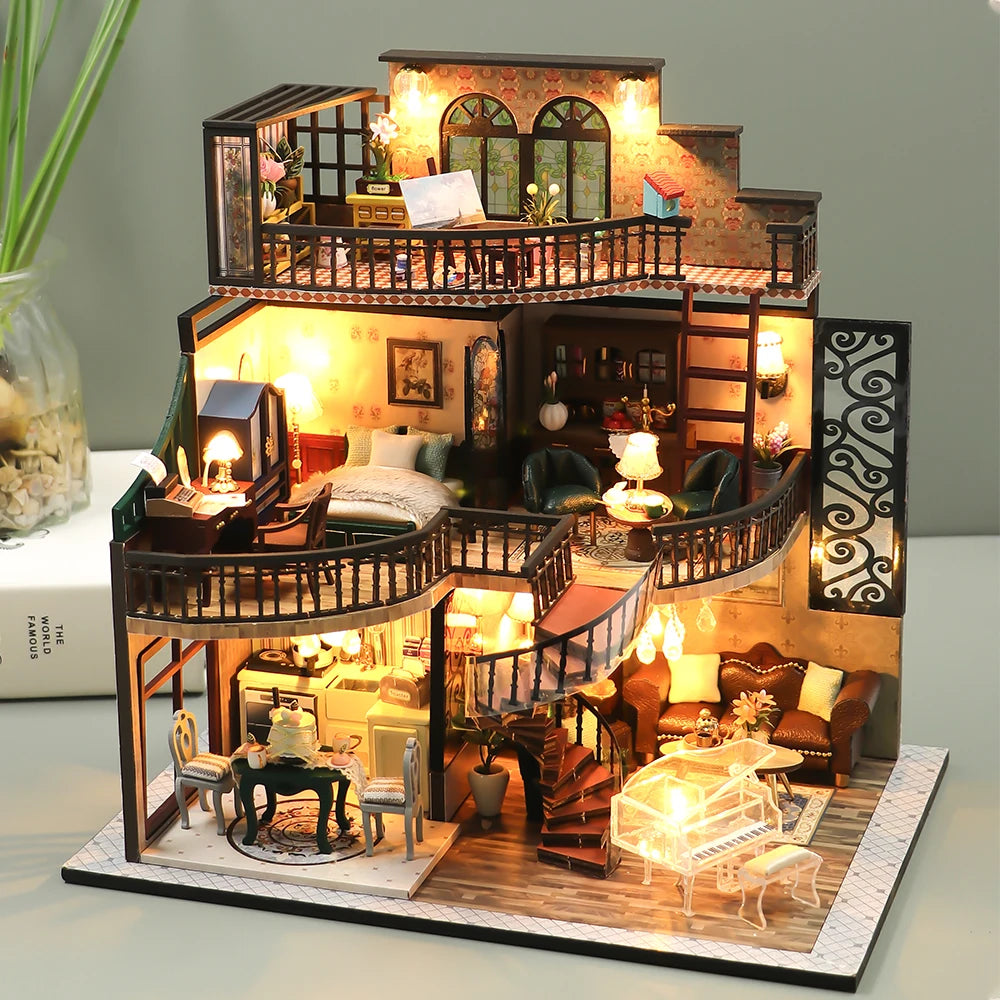 Doll house With dust cover  Miniature Diy Wood Dollhouse Miniatures