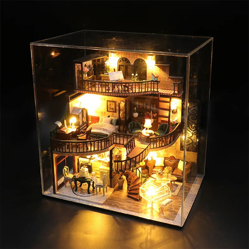 Doll house With dust cover  Miniature Diy Wood Dollhouse Miniatures