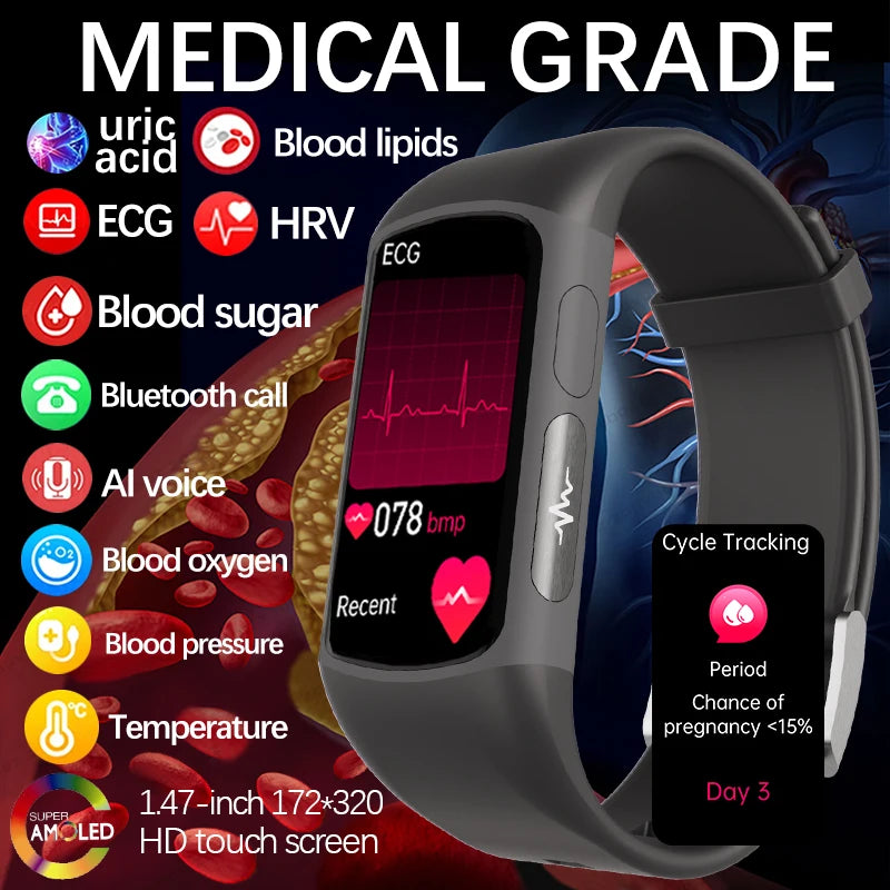 New Medical Grade Smart Watch Men and womem Blood Pressure Blood Lipid Uric Acid Monitoring